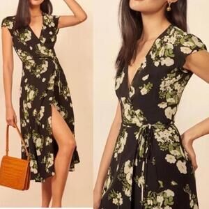 NWT Reformation CARINA Floral Wrap Midi Dress Cap Sleeve High Slit Size Small